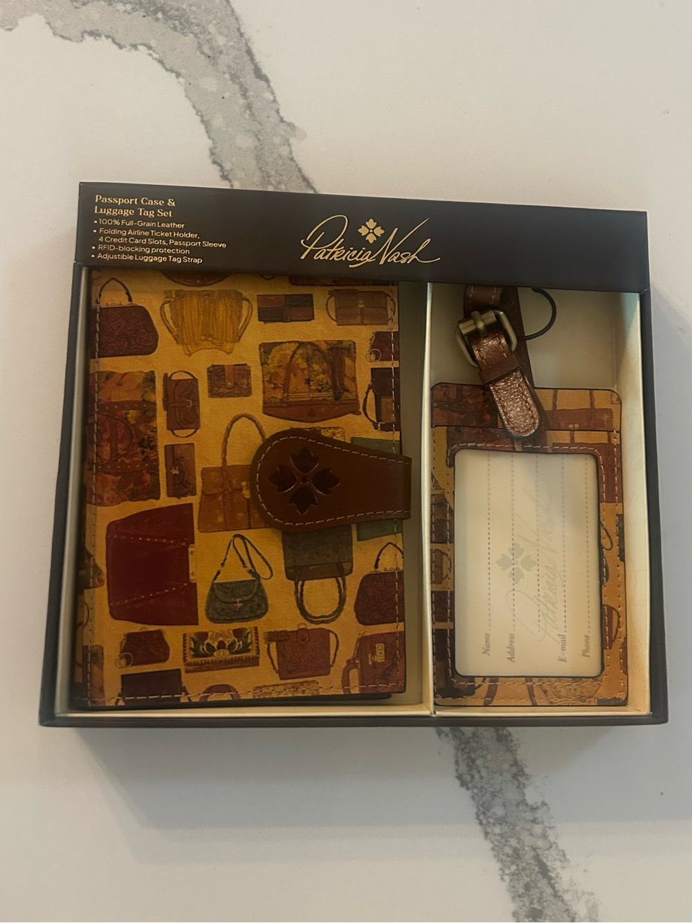 NWT Patricia Nash Leather Boxed Luggage Tag Set Patricias Closet Print Handbags